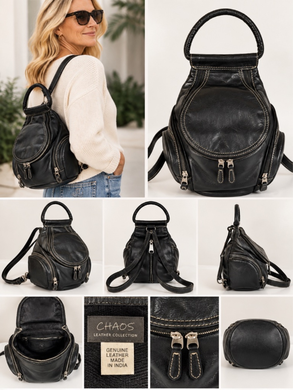 Chaos Vintage Black Leather Convertible Backpack Sling Bag
